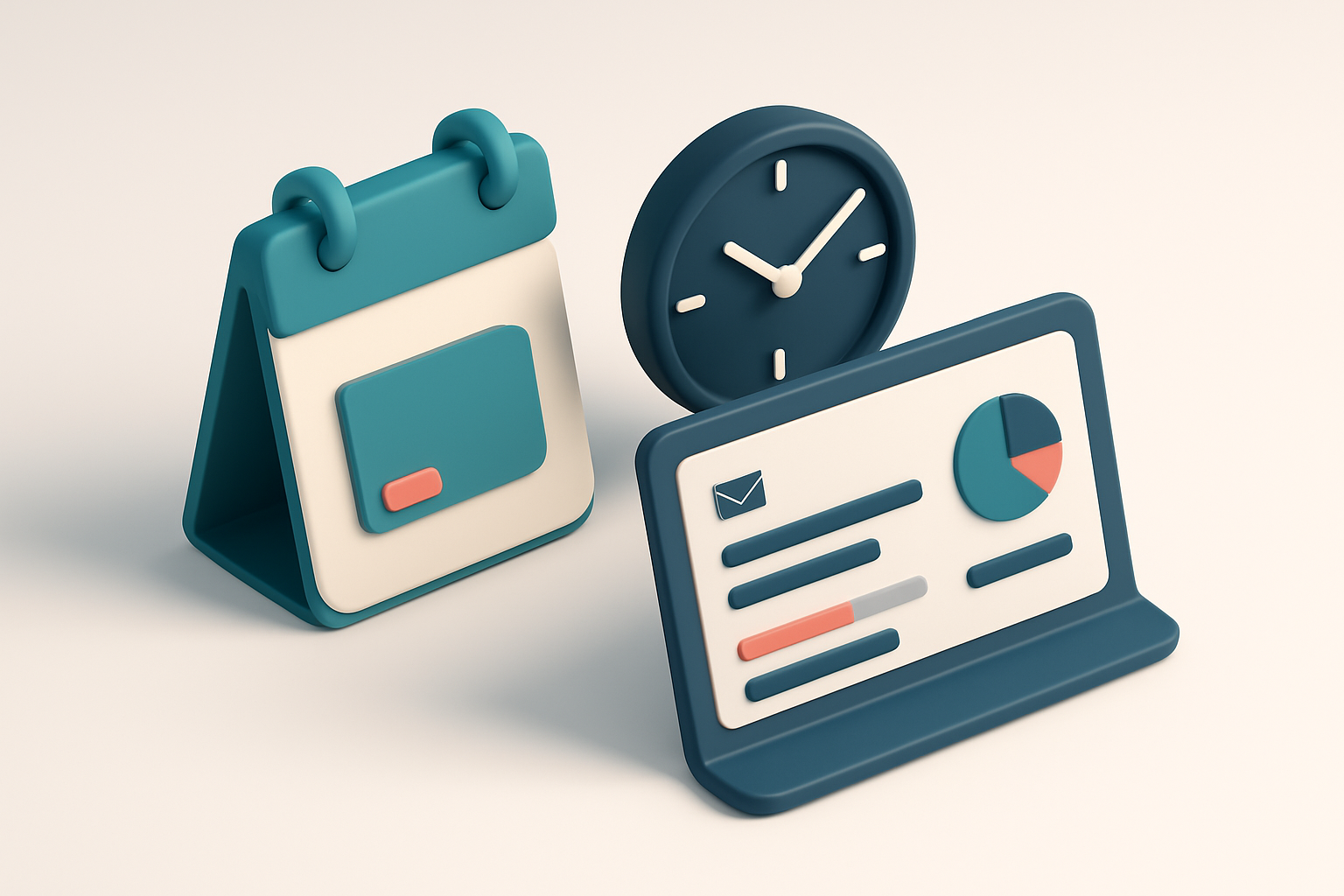 In-body 1: a desk with a calendar showing 'Tuesday', a clock, and an email dashboard displaying delivery metrics.