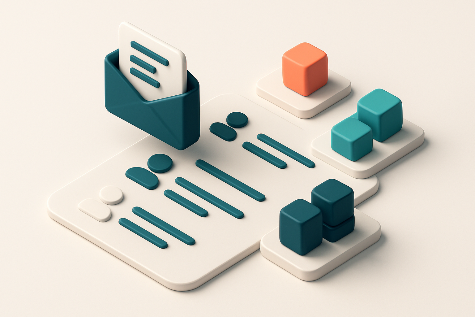 In-body 1: an isometric view of a segmented email list, with different colored cubes representing segmented groups receiving tailored customer stories.