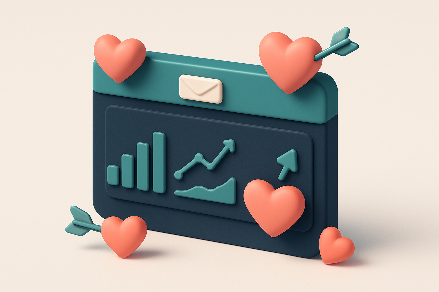 In-body 1: an isometric scene of an email dashboard displaying performance metrics with Valentine hearts and Cupid's arrows indicating successful sends.