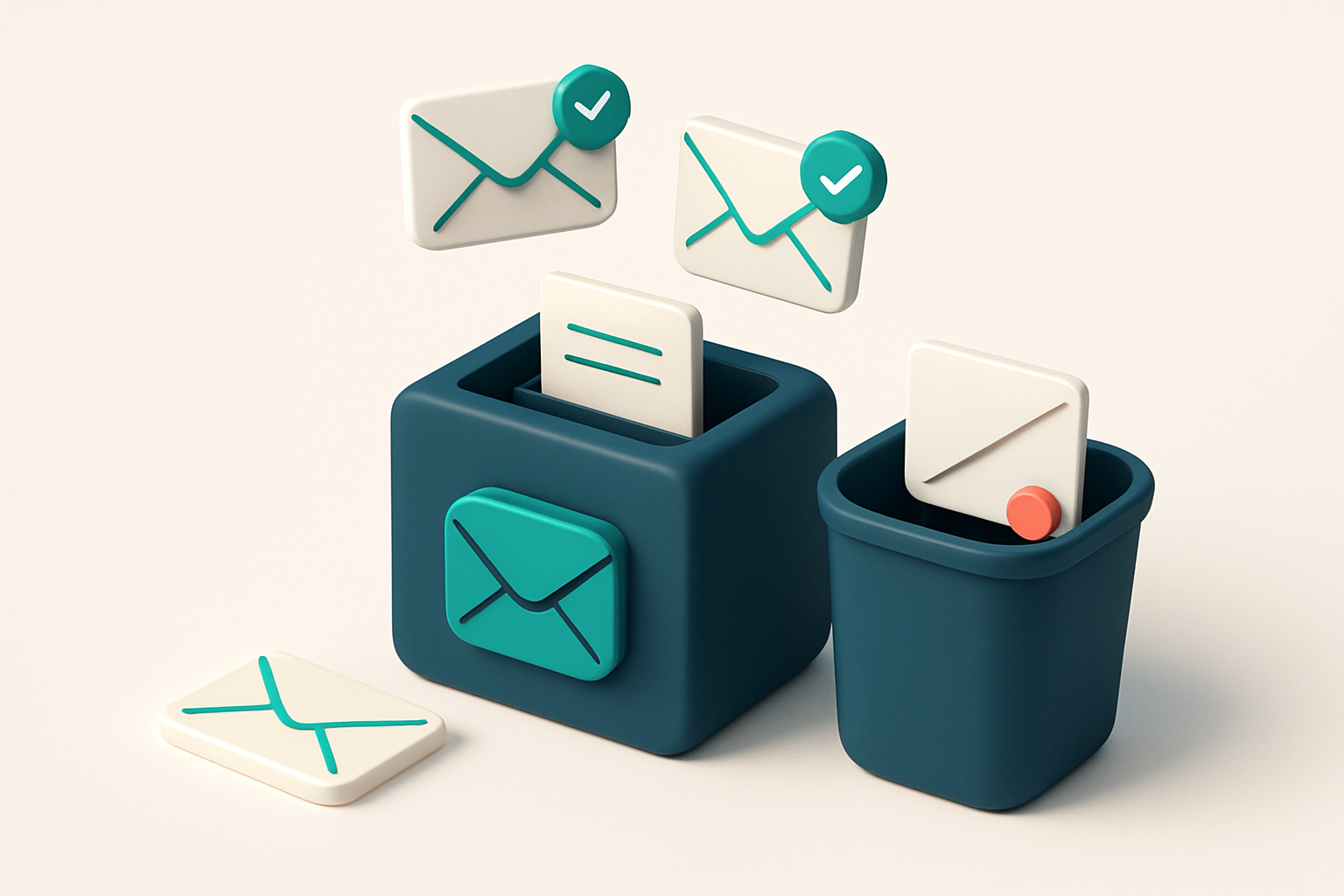 In-body 1: An isometric illustration of an email inbox with envelopes being sorted, some marked with green checkmarks for 'valid' and others moving into a bin l