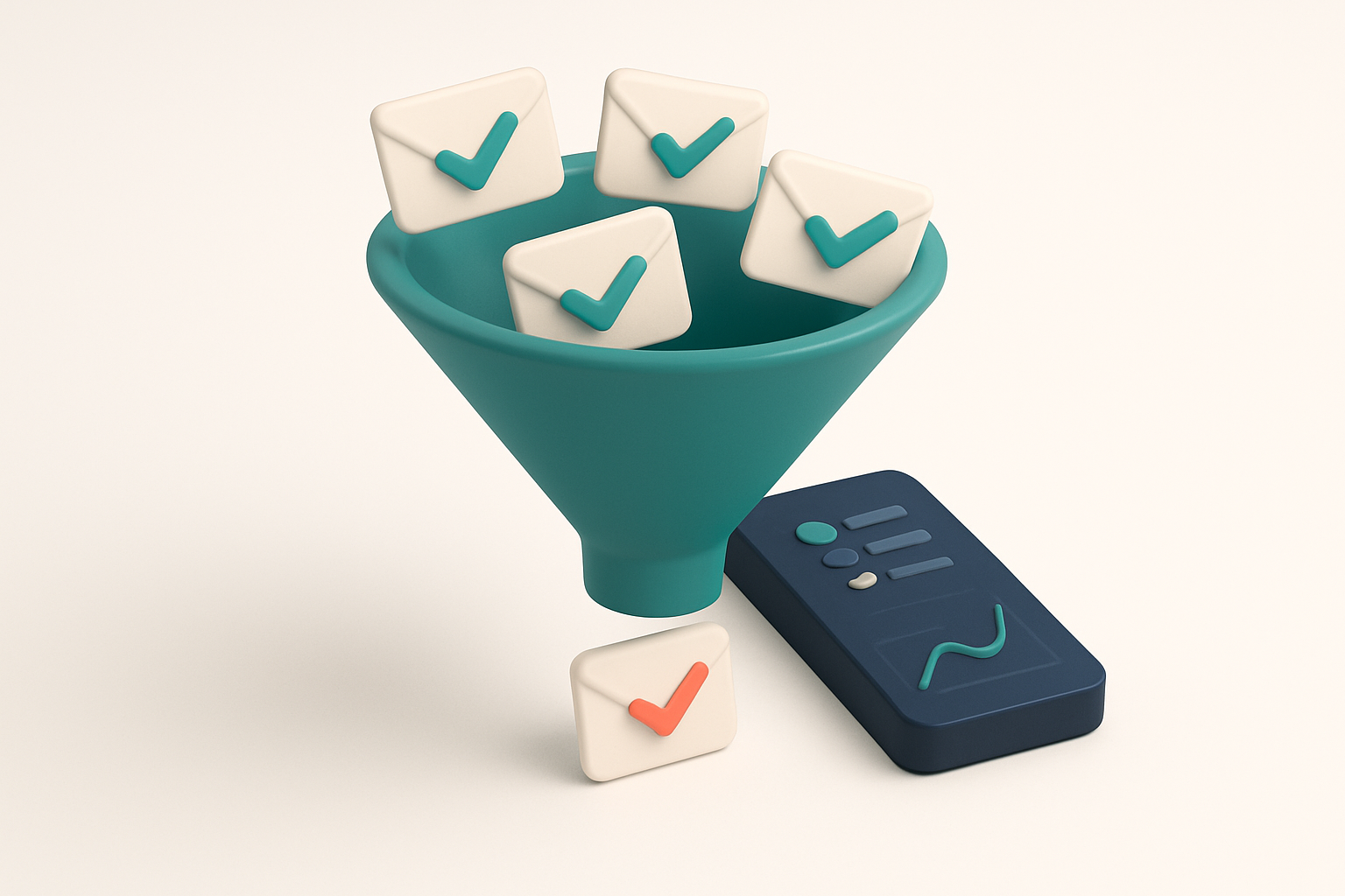 In-body 1: an isometric funnel narrowing down as emails with checkmarks pass through, displaying a dashboard with verification metrics.