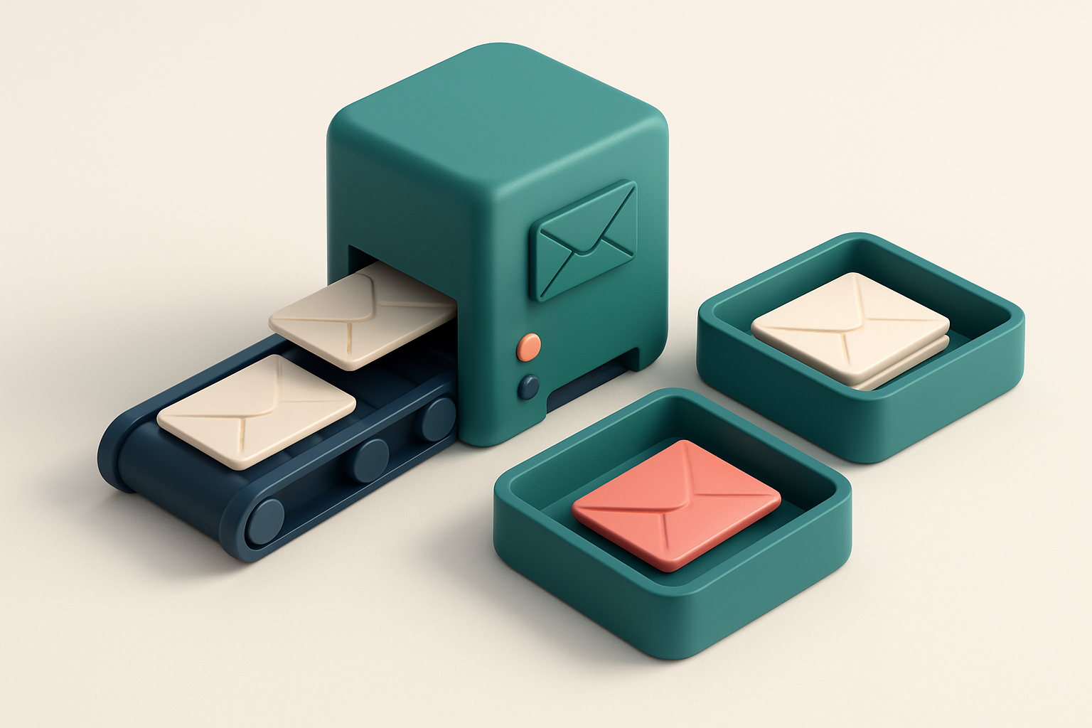 In-body 1: an isometric mail server with envelopes being sorted into a 'deliverable' and 'bounced' pile, an animated conveyer belt.