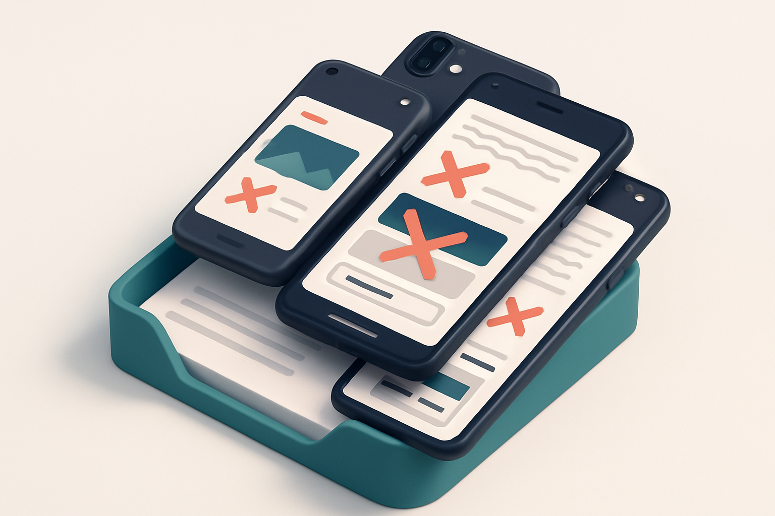 an isometric email inbox with a stack of mobile device screens (Apple iPhone, Google Pixel, Samsung Galaxy) showing the