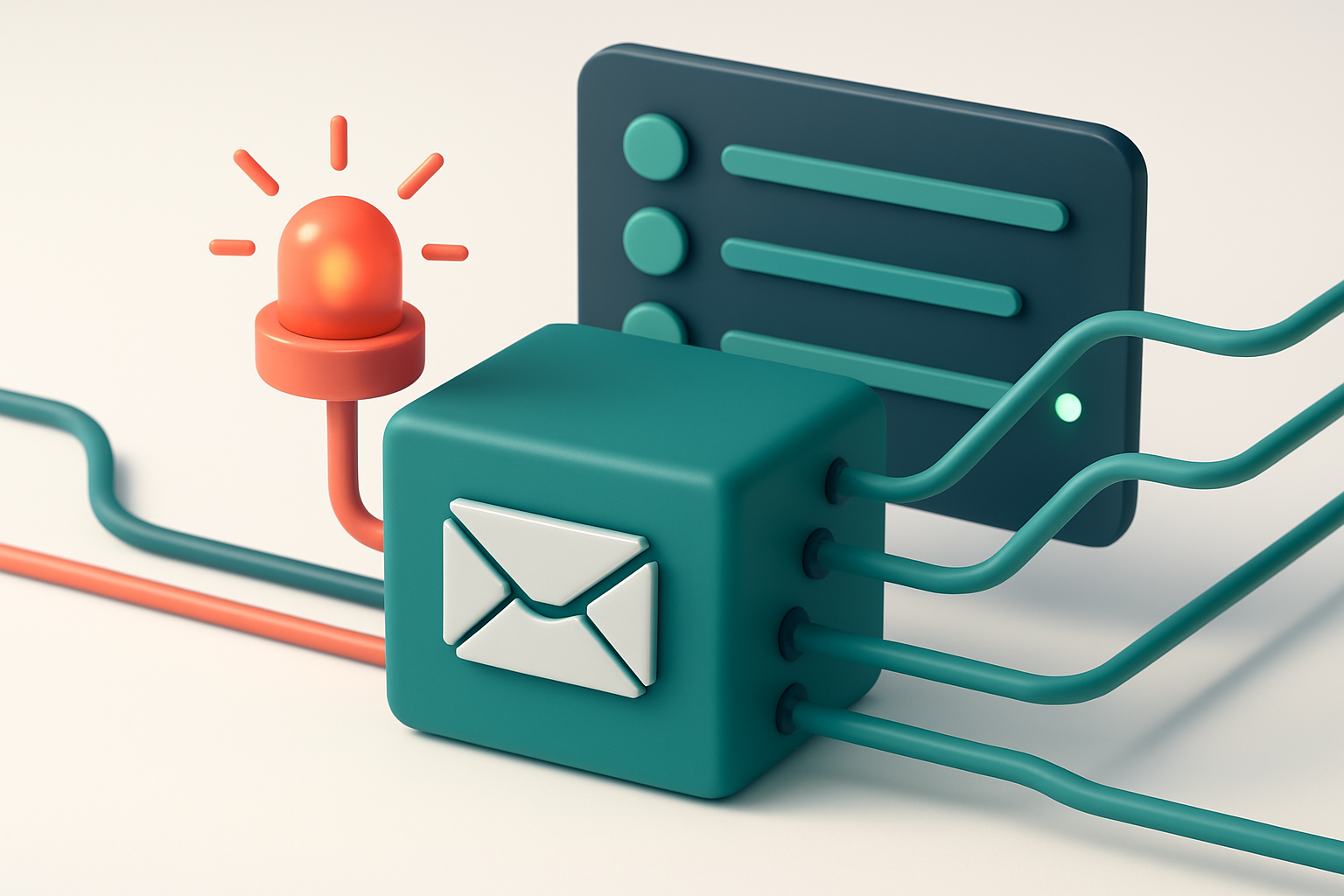 an isometric email server with multiple colored signal lines entering and exiting, a red alert light flashing on one lin