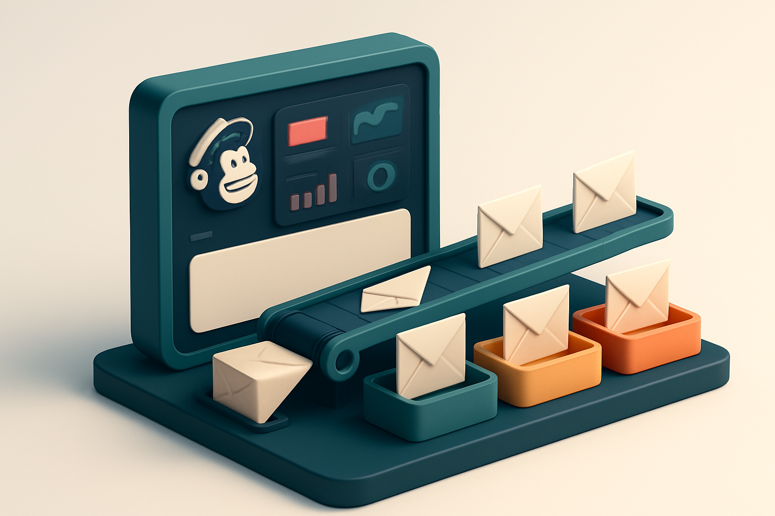 An isometric illustration of a Mailchimp dashboard with a conveyor belt feeding in labeled envelopes marked 'Valid', 'In