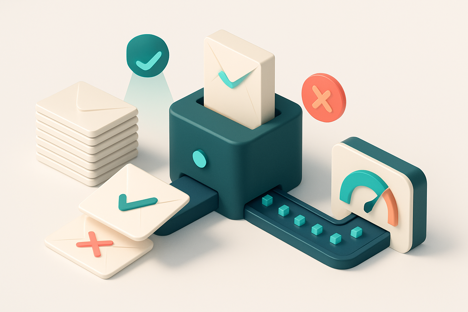 an isometric stack of envelopes entering a central server node, with a green checkmark light shining on envelopes marked