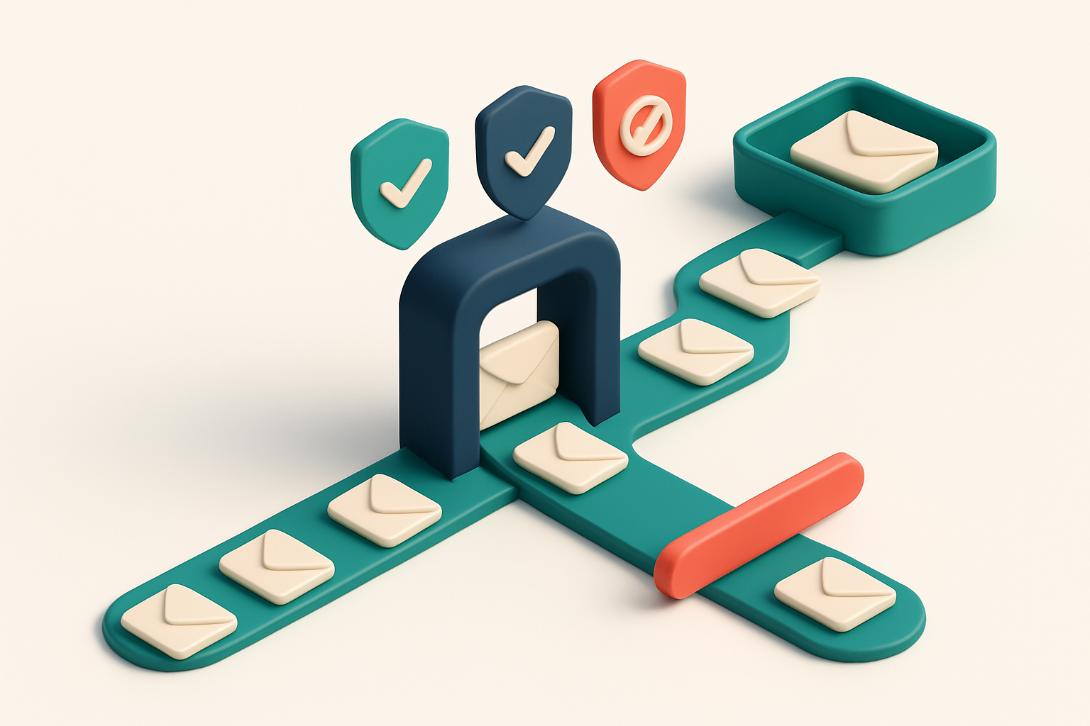An isometric email stream flowing through a digital gate, with SPF, DKIM, and DMARC shields checking each message — pass