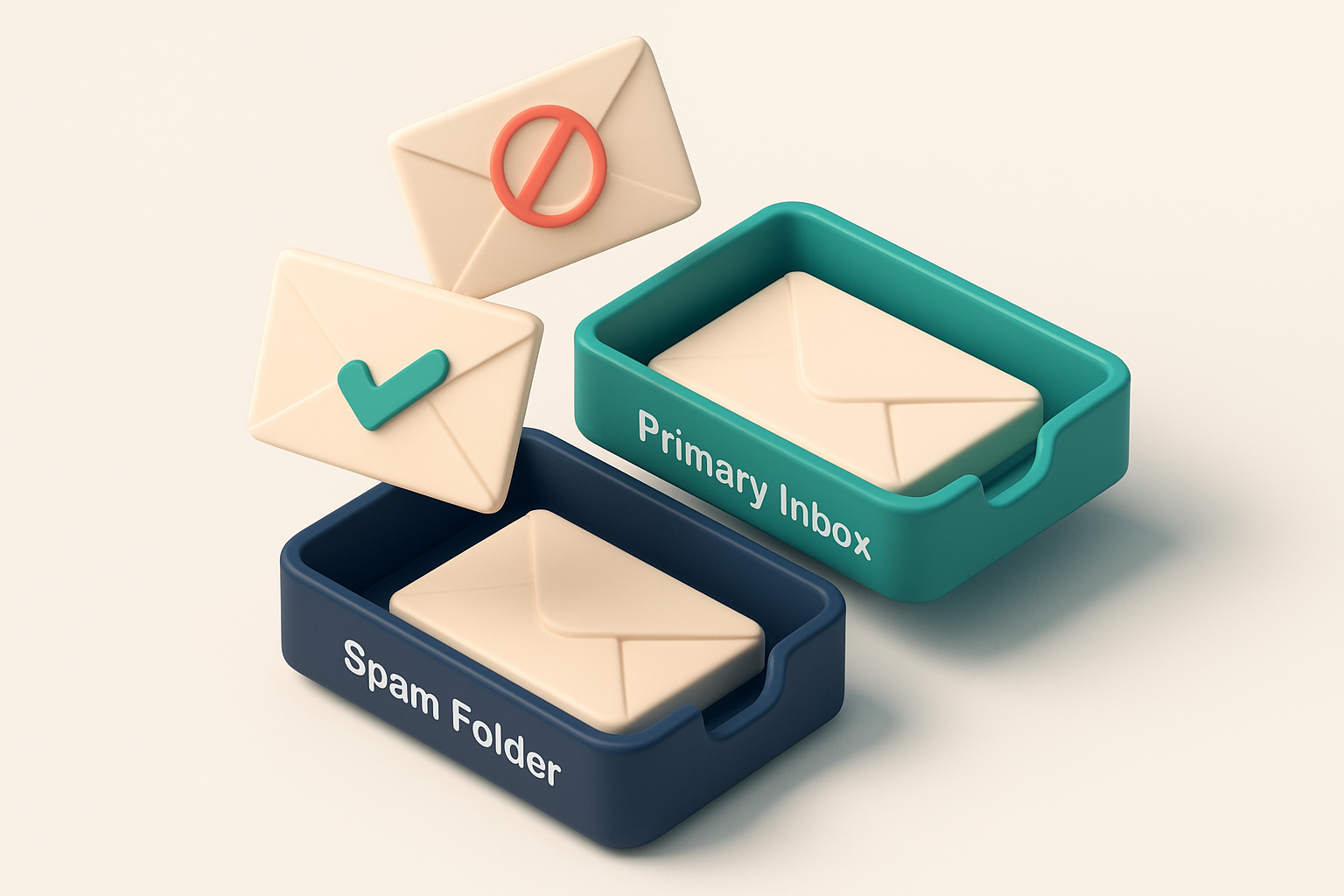 An isometric inbox with envelopes being sorted into two trays labeled 'Primary Inbox' and 'Spam Folder', a red 'blocked'