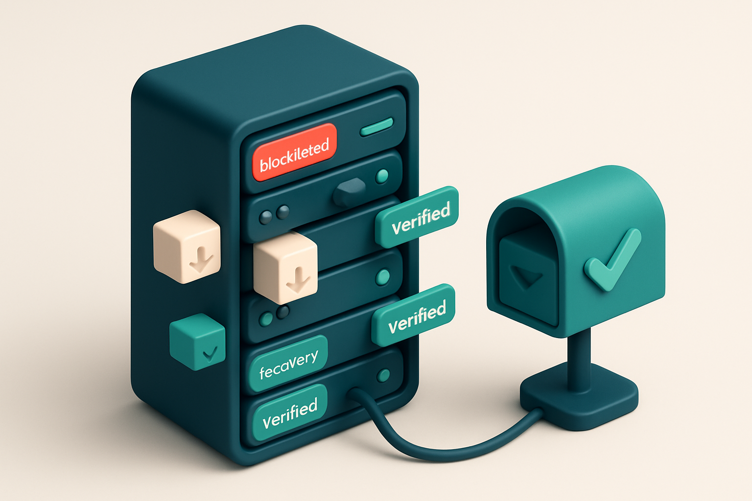 An isometric email server rack with red 'blocklisted' tags on certain servers, gray 'recovery' boxes being added, and gr