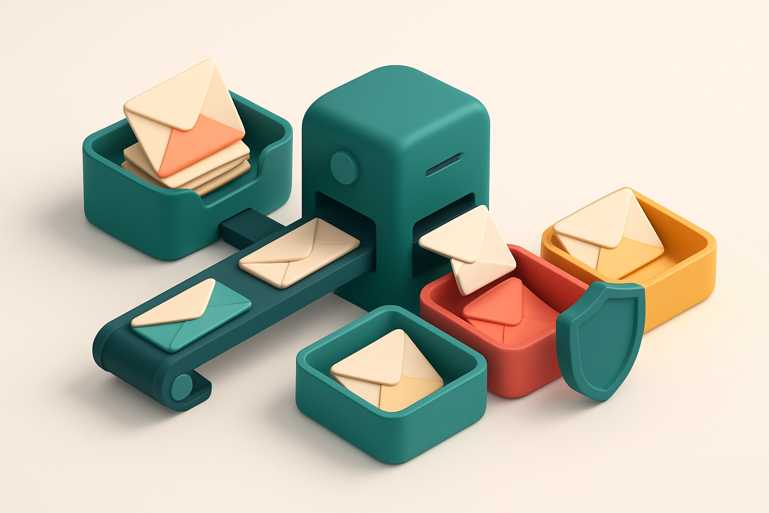 An isometric inbox with a conveyor belt bringing envelopes labeled 'purchased list' into a central validation hub. The h