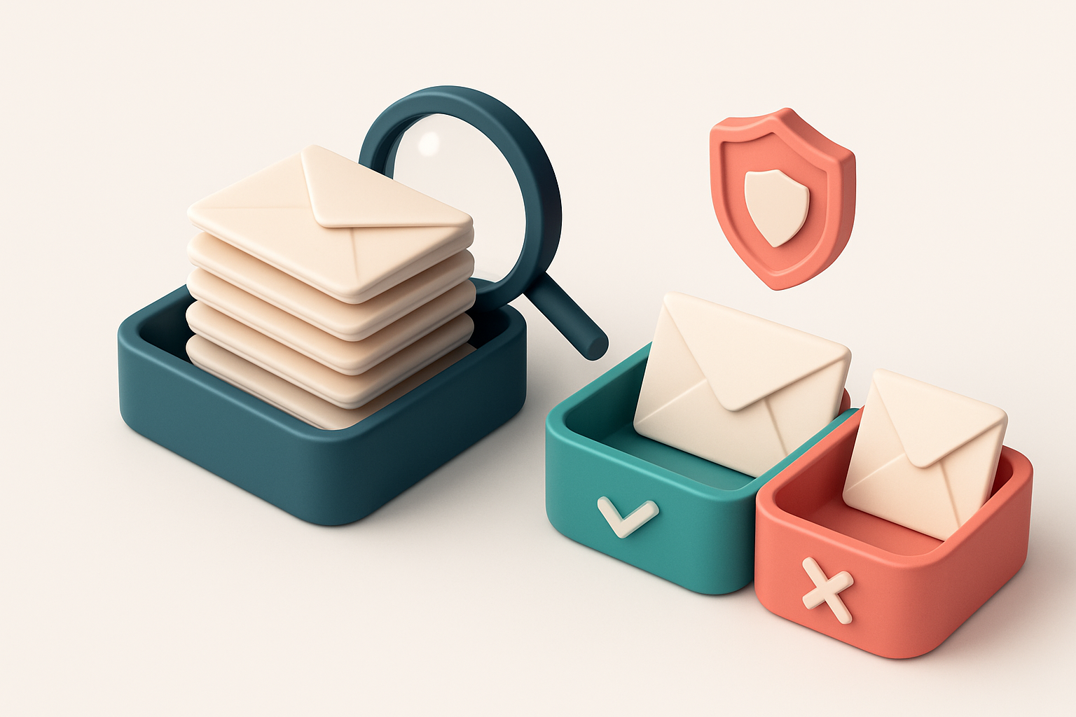 An isometric email inbox with envelopes being sorted onto a green 'valid' tray and a red 'invalid' tray, a magnifying gl
