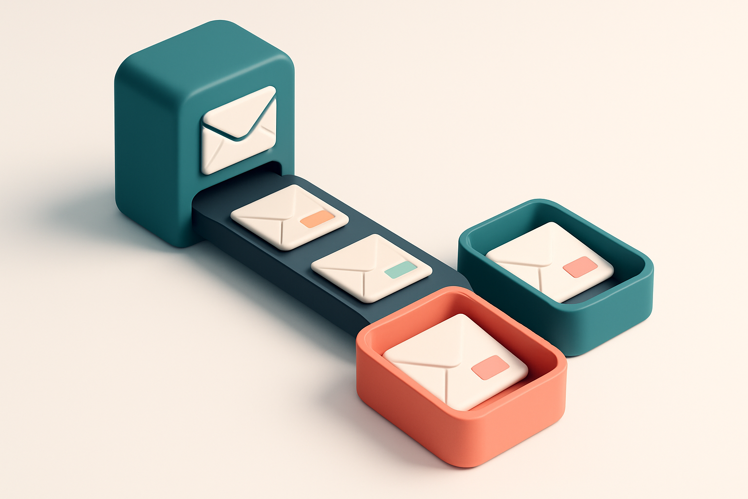 an isometric email inbox with a conveyor belt feeding envelopes into two separate trays: green 'valid' and red 'spam-ass