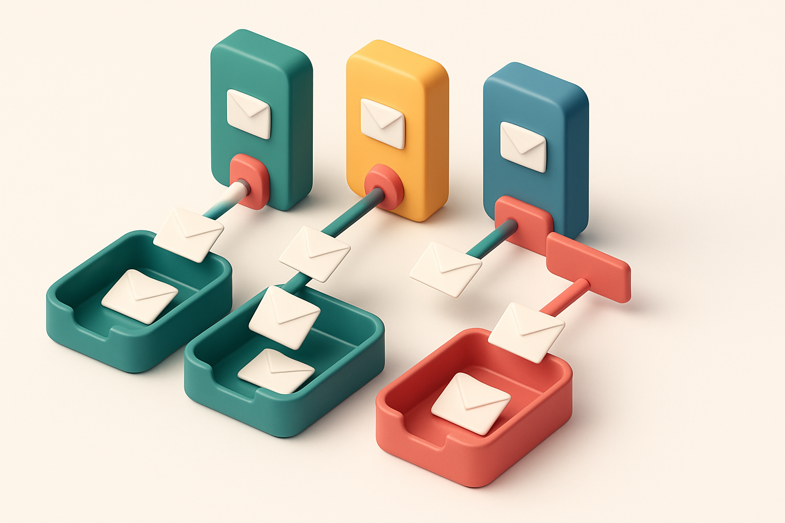 an isometric inbox with three labeled sections: Gmail (green), Yahoo (yellow), and Outlook (blue), each with envelopes m