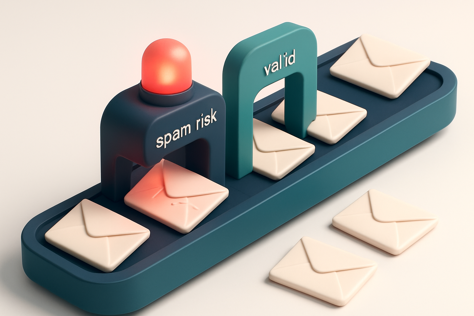 An isometric scene of a conveyor belt moving envelopes through a series of gates: one marked 'spam risk', one marked 'va