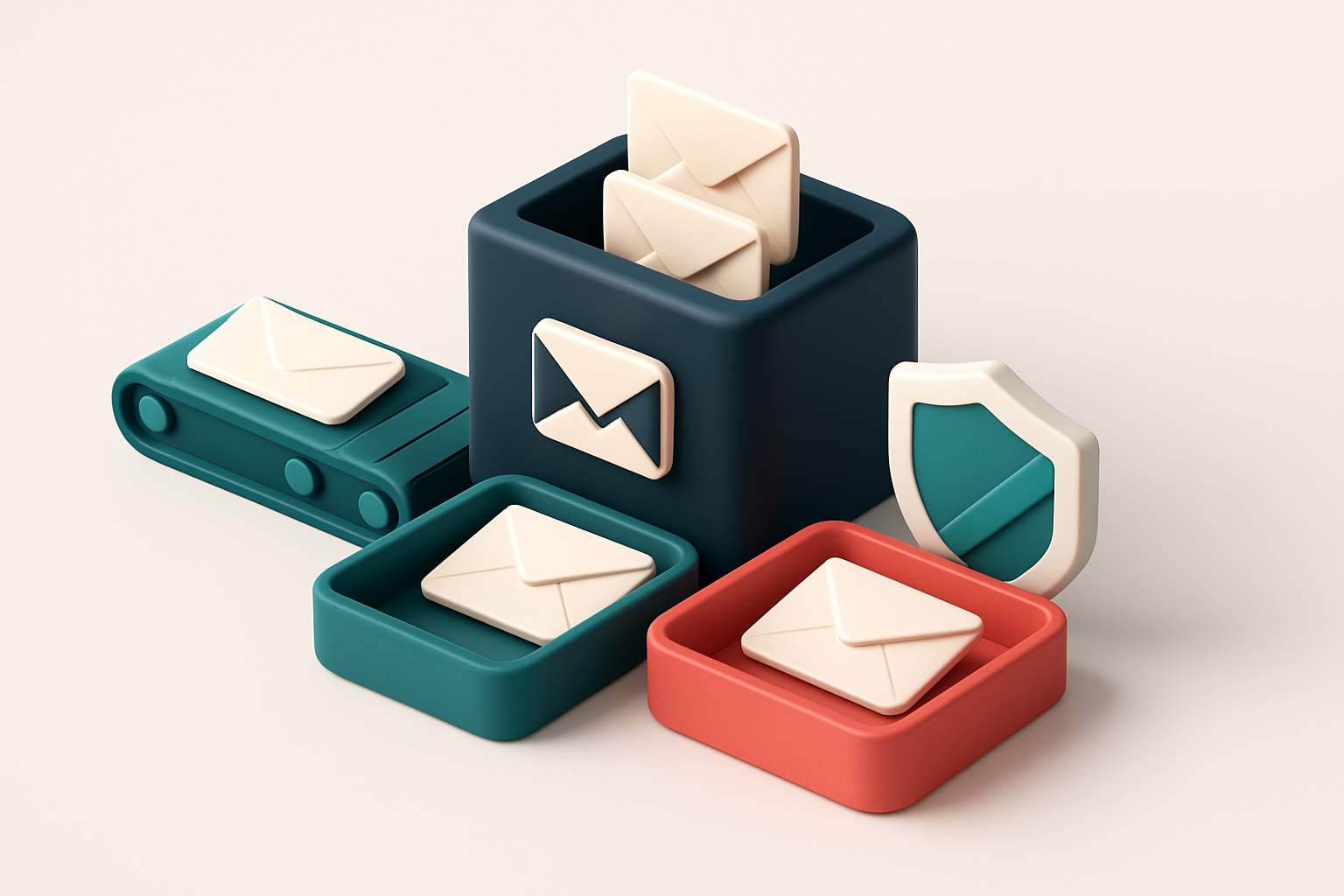 An isometric email inbox with envelopes being sorted onto a green 'valid' tray and a red 'invalid' tray, a conveyor belt
