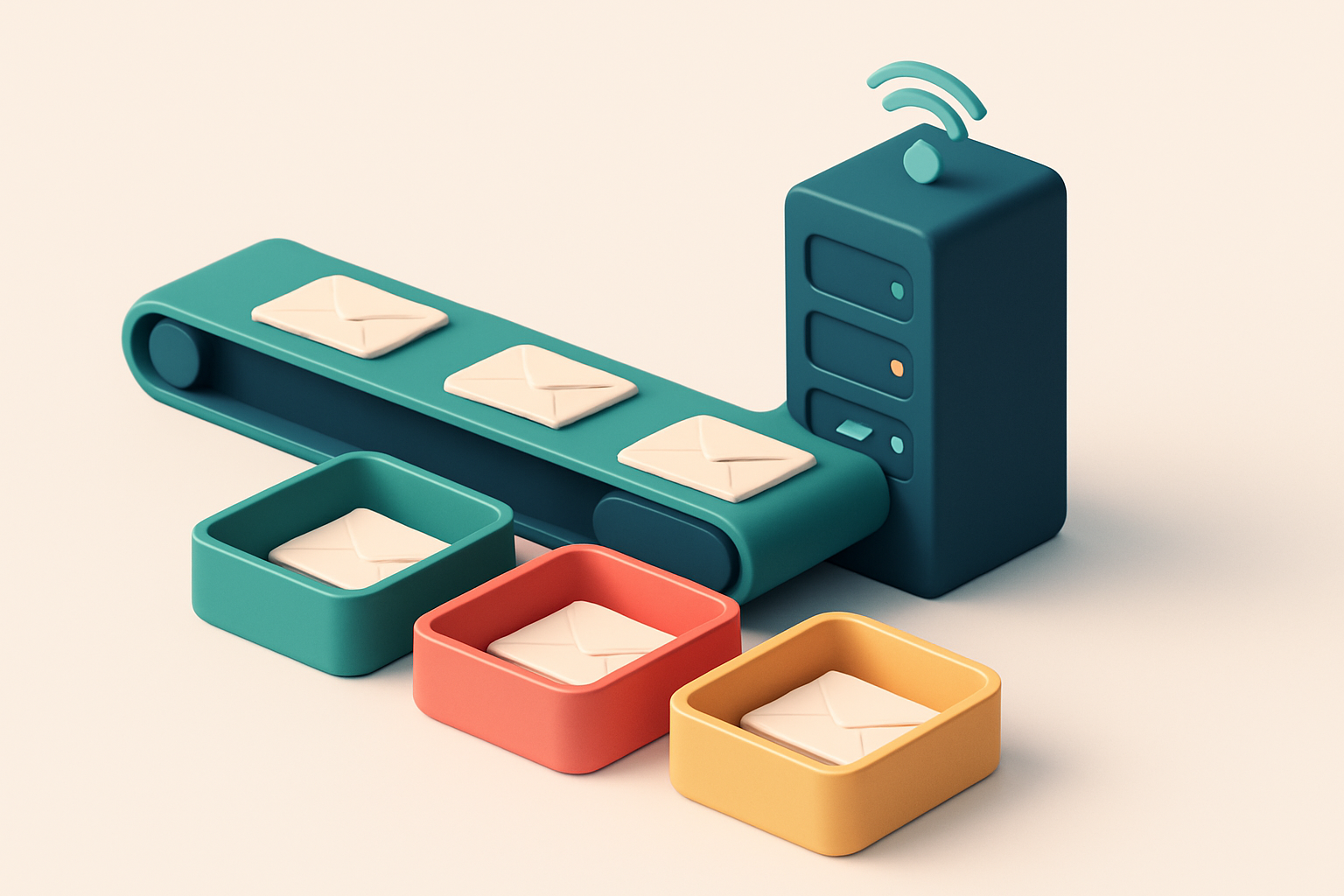 An isometric illustration of a conveyor belt sorting envelopes into three trays: a green 'Valid' tray, a red 'Invalid' t