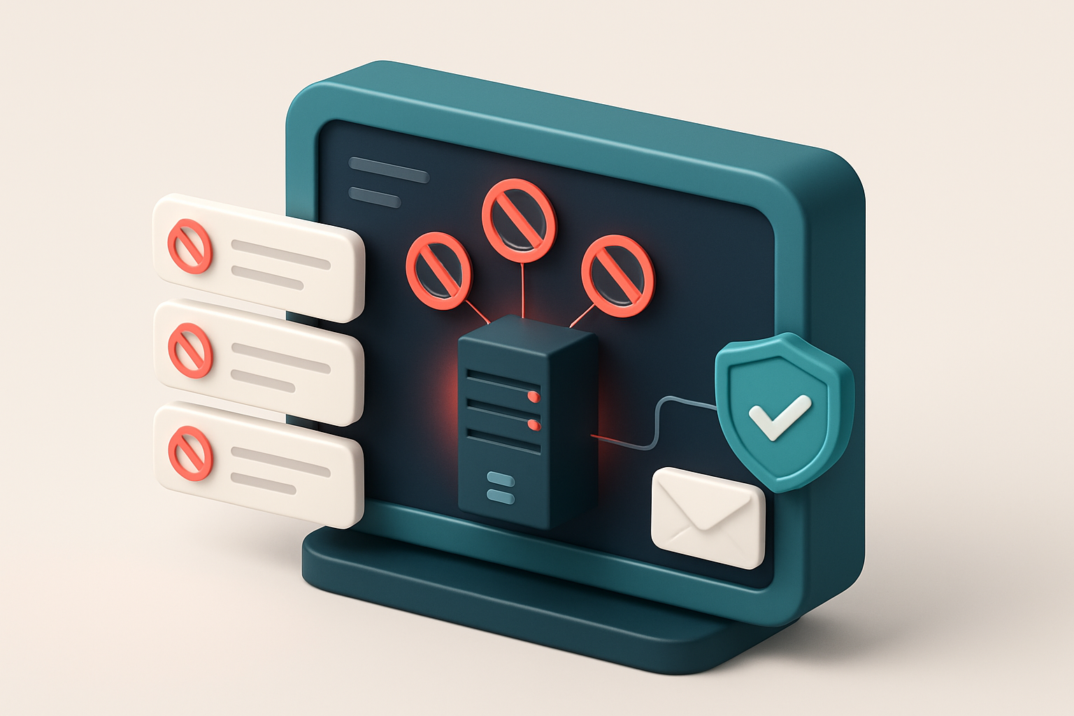 An isometric network dashboard with glowing red alerts on a central server, showing multiple red 'blacklisted' stamps on