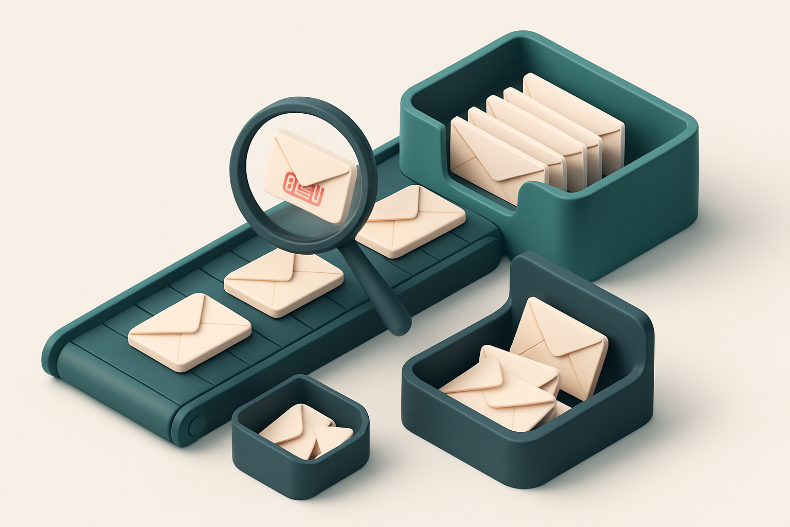 An isometric inbox with 50 envelopes arranged on a conveyor belt: 30 labeled 'valid' slide into a green 'inbox' tray, 15