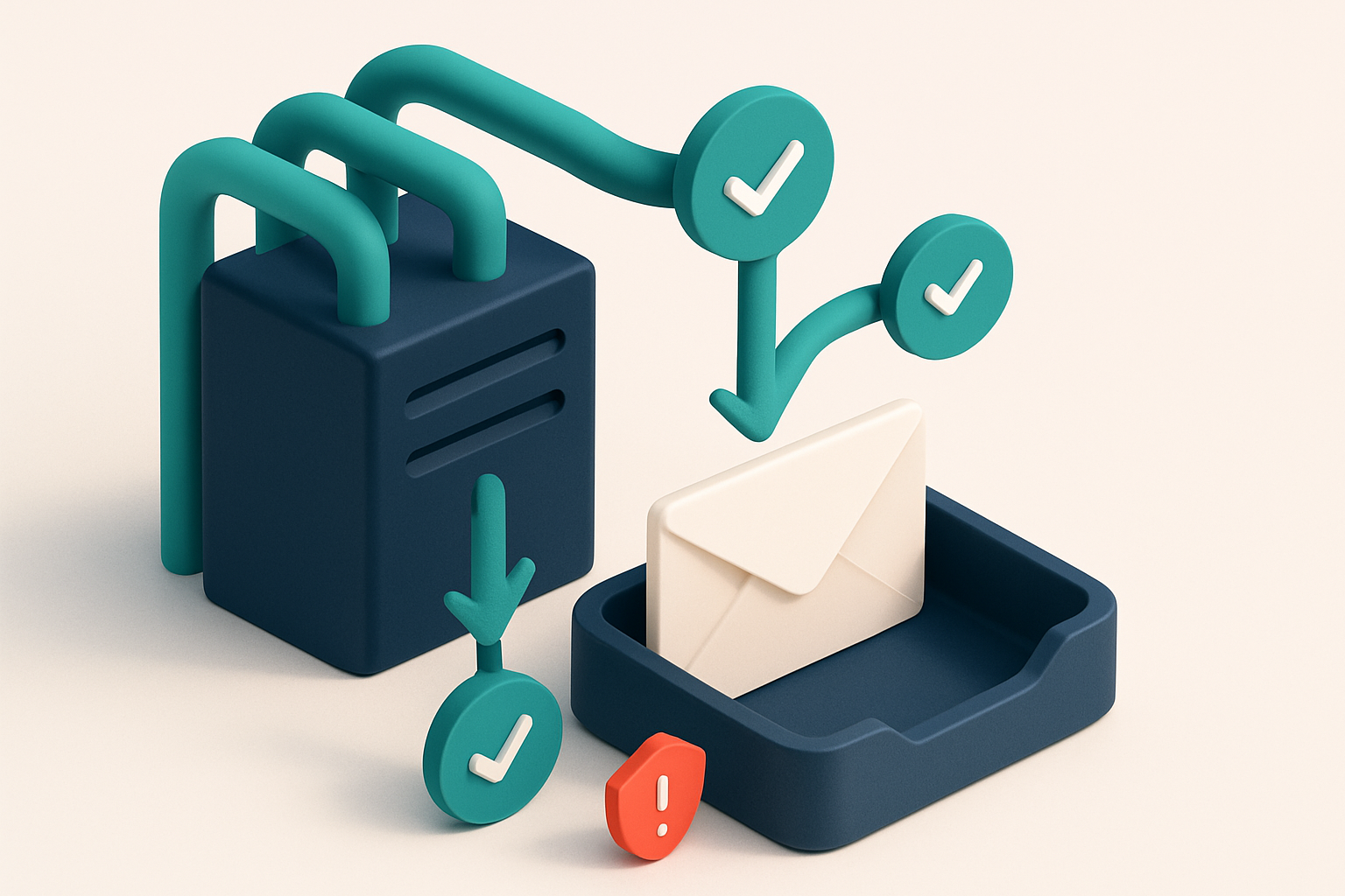 An isometric email server with multiple data streams flowing into a central inbox, where each stream slows down and spli