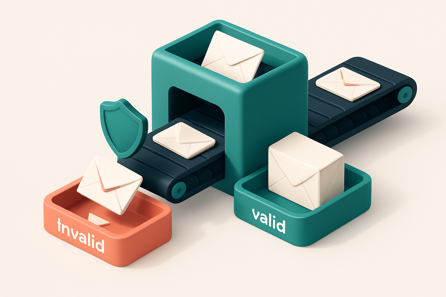 An isometric illustration of a 3D email inbox with a conveyor belt moving envelopes labeled with emails. Some envelopes