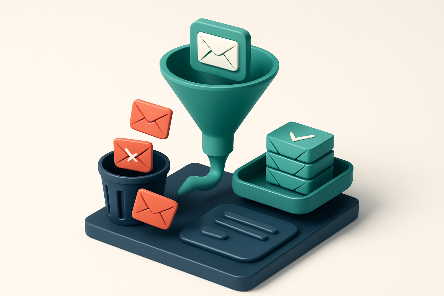 An isometric dashboard with a funnel shaped like an email form; as emails move down the funnel, red 'invalid' envelopes
