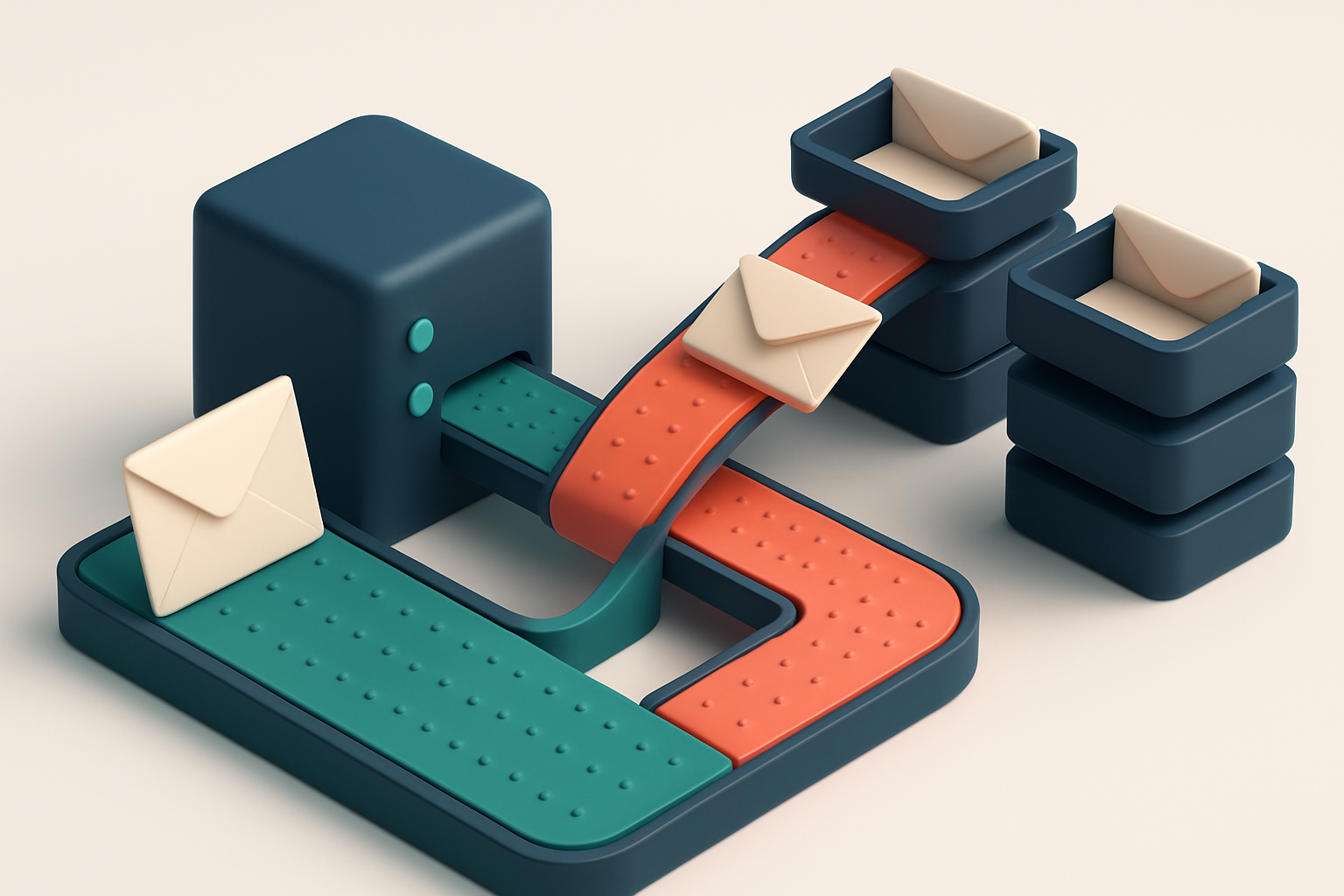 An isometric email server farm with a green 'deliverable' conveyor belt and a red 'blocked' conveyor belt, each feeding