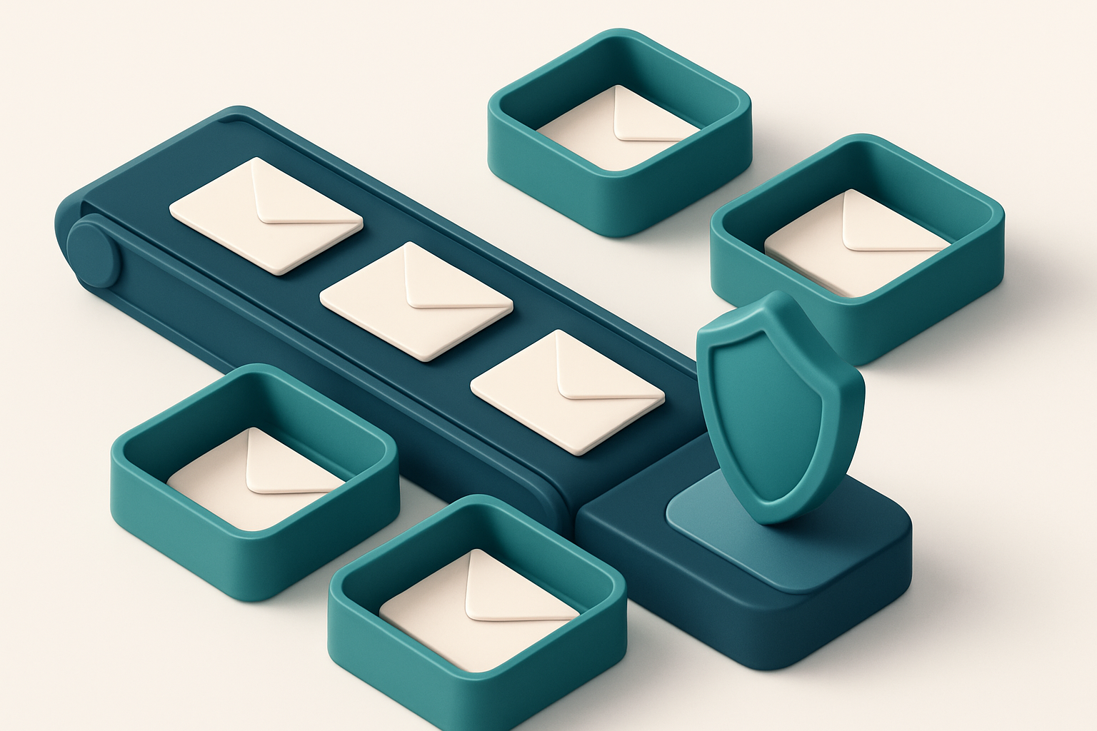 An isometric view of a conveyor belt sorting envelopes labeled 'valid', 'invalid', 'catch-all', and 'risky' into separat