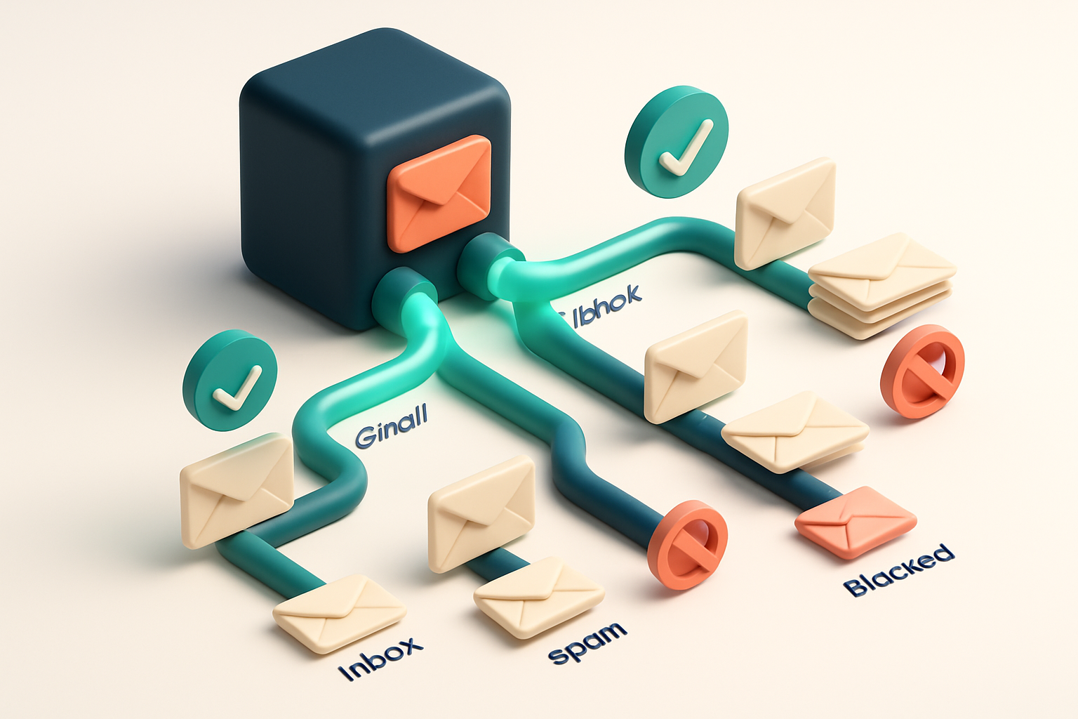 An isometric email server sending messages through two glowing tubes labeled 'Gmail' and 'Outlook'; each tube splits int