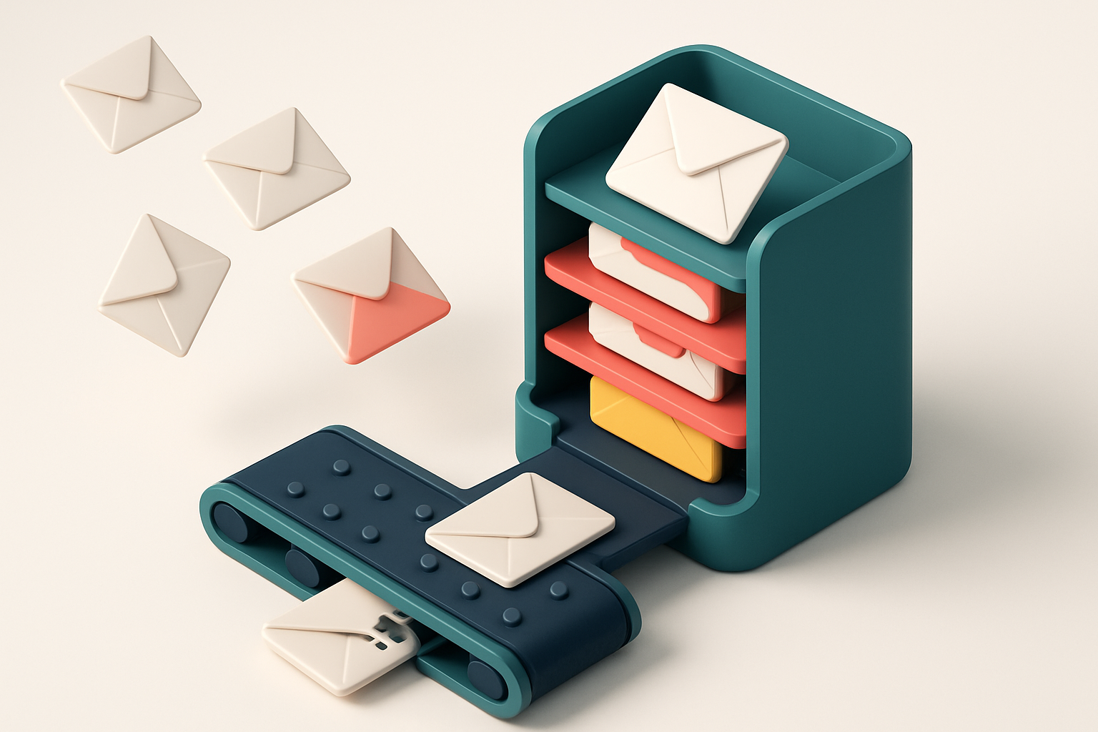 An isometric inbox with envelopes flying in from the left, sorted into three trays: green for 'Valid', red for 'Invalid'