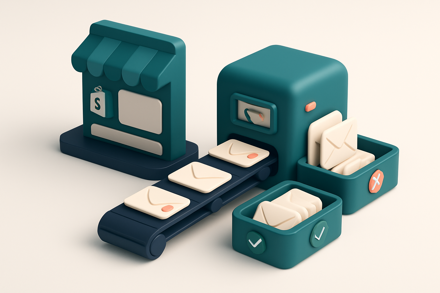 An isometric illustration of a Shopify storefront with a conveyor belt feeding customer email addresses into a validatio