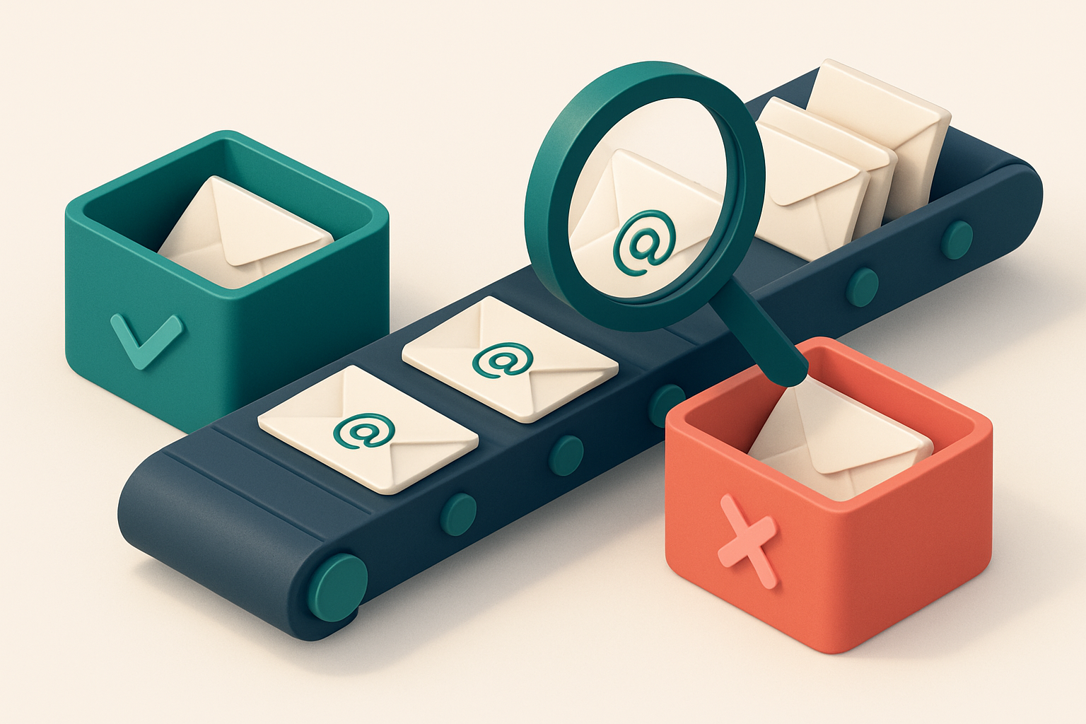 An isometric scene showing a conveyor belt carrying envelopes labeled with email addresses, sorting them into two trays: