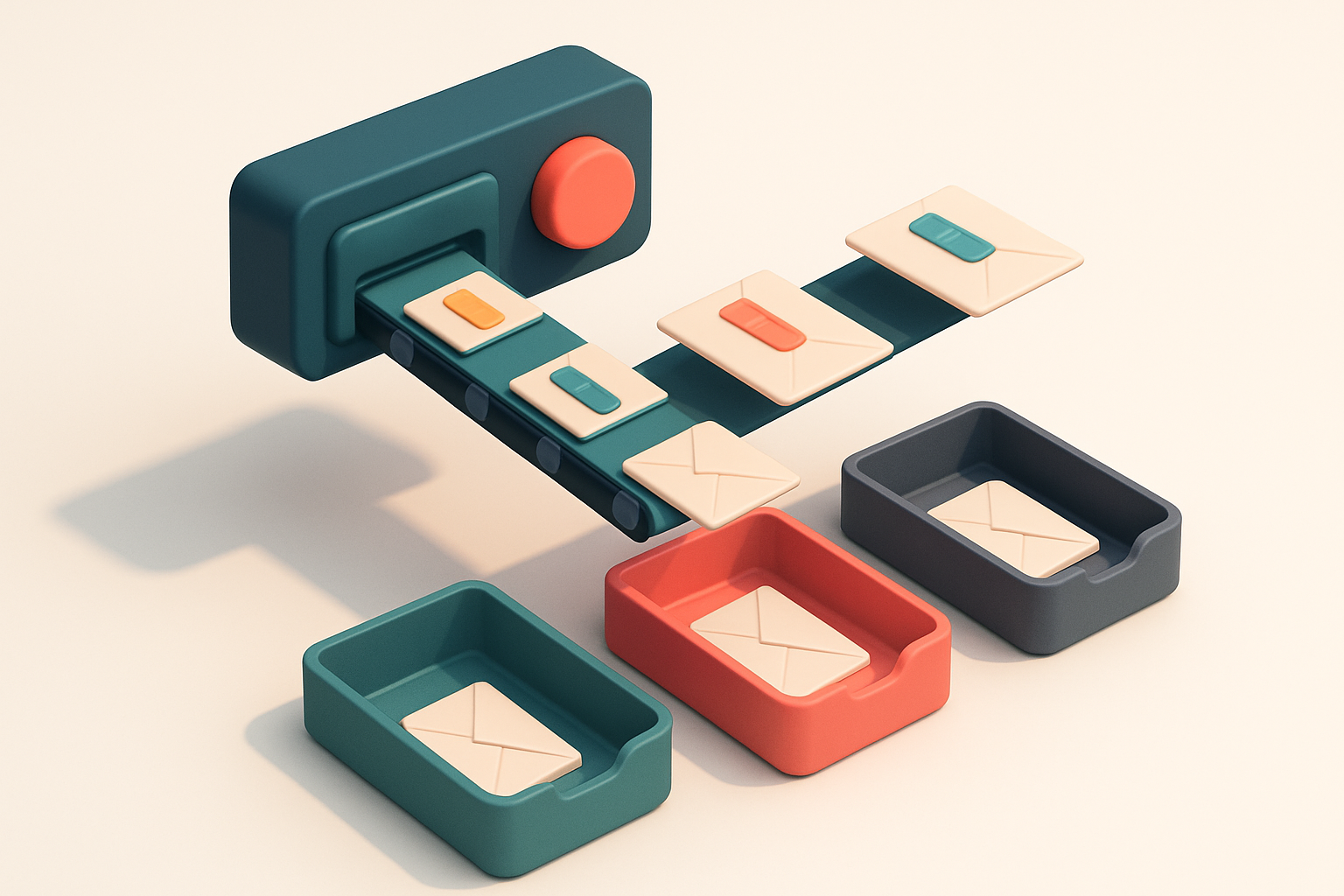 An isometric email inbox with a conveyor belt feeding envelopes labeled 'valid', 'catch-all', 'invalid', and 'risky' int