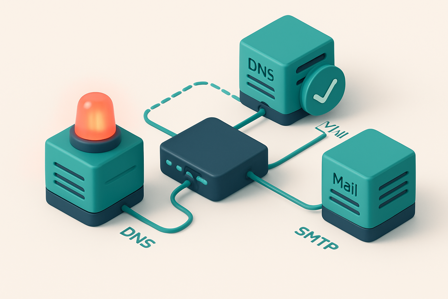 An isometric illustration of a network core with interconnected servers labeled ‘Mail Server A’, ‘DNS Resolver’, and ‘SM