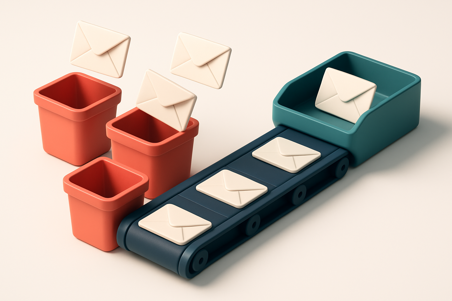 an isometric email inbox with envelopes labeled 'Invalid', 'Catch-all', and 'Risky' being sorted into red trash bins, wh