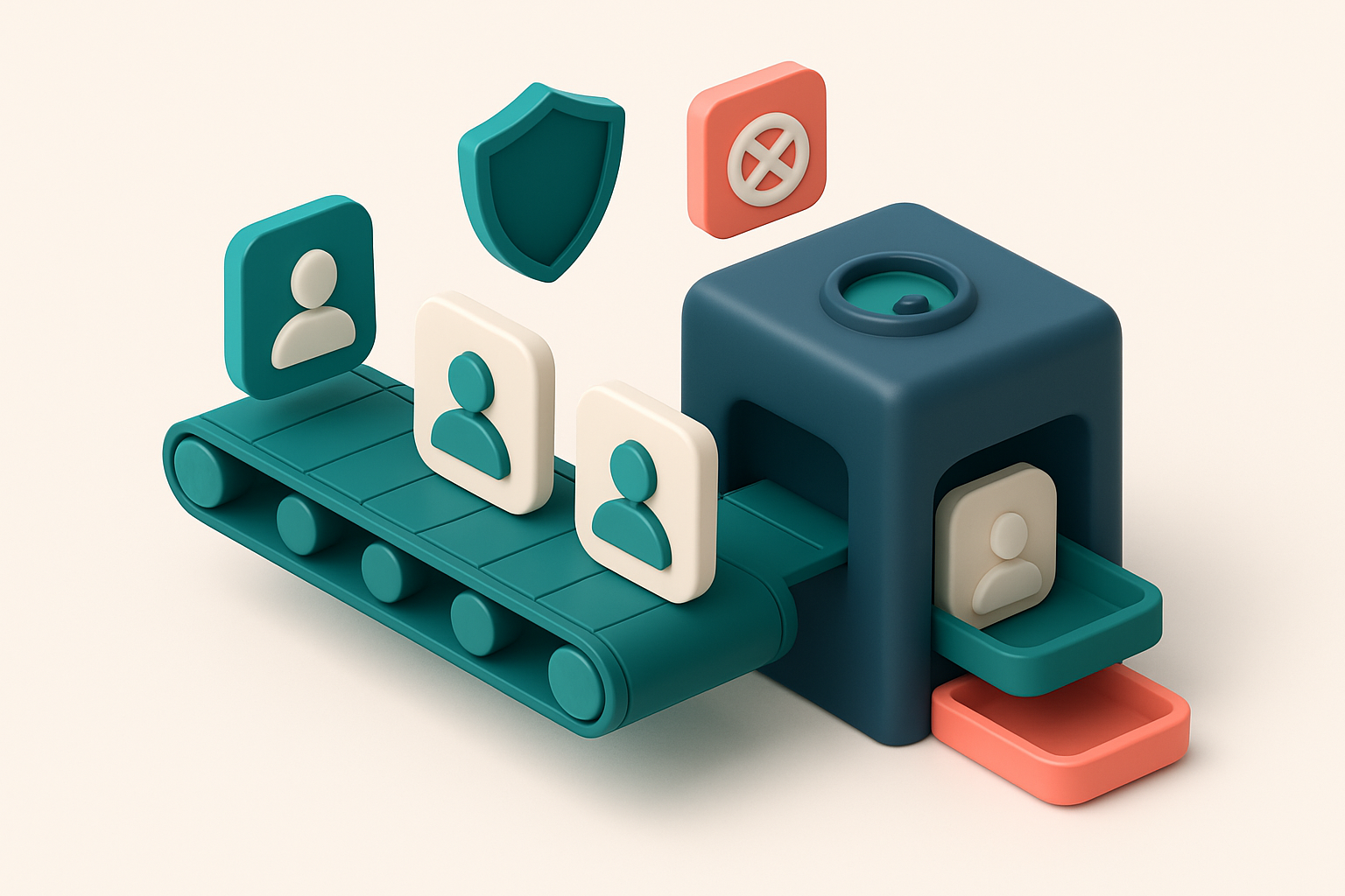 An isometric illustration of a 3D attendee list conveyor belt feeding into a validation machine with a green 'valid' out