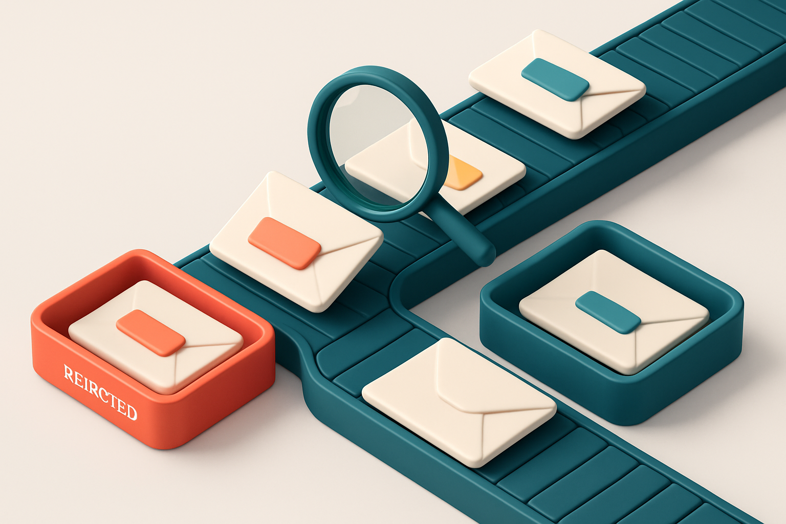 An isometric email inbox with envelopes stacked on a conveyor belt, some labeled 'invalid' and 'duplicated' being divert