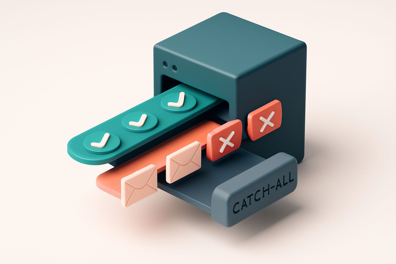 In-body 1: an isometric view of a server rack with three lanes: one shows green checkmarks passing through, one has red 'invalid' labels on passing envelopes, a