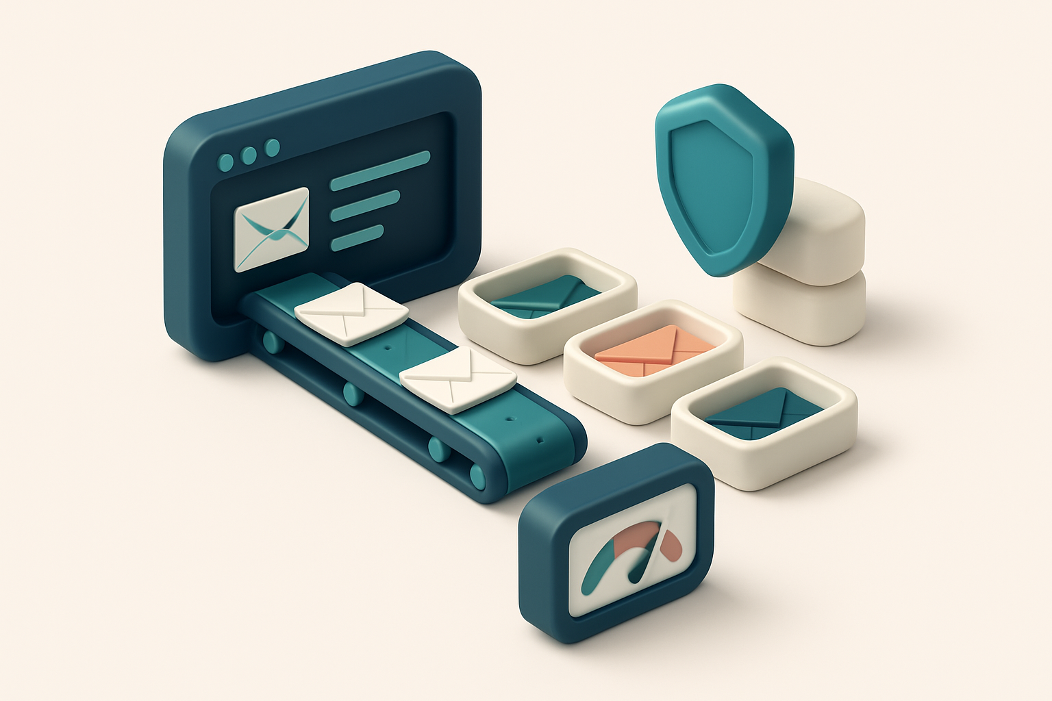 An isometric illustration of a modern email inbox with a conveyor belt feeding envelopes labeled 'valid', 'risky', and '