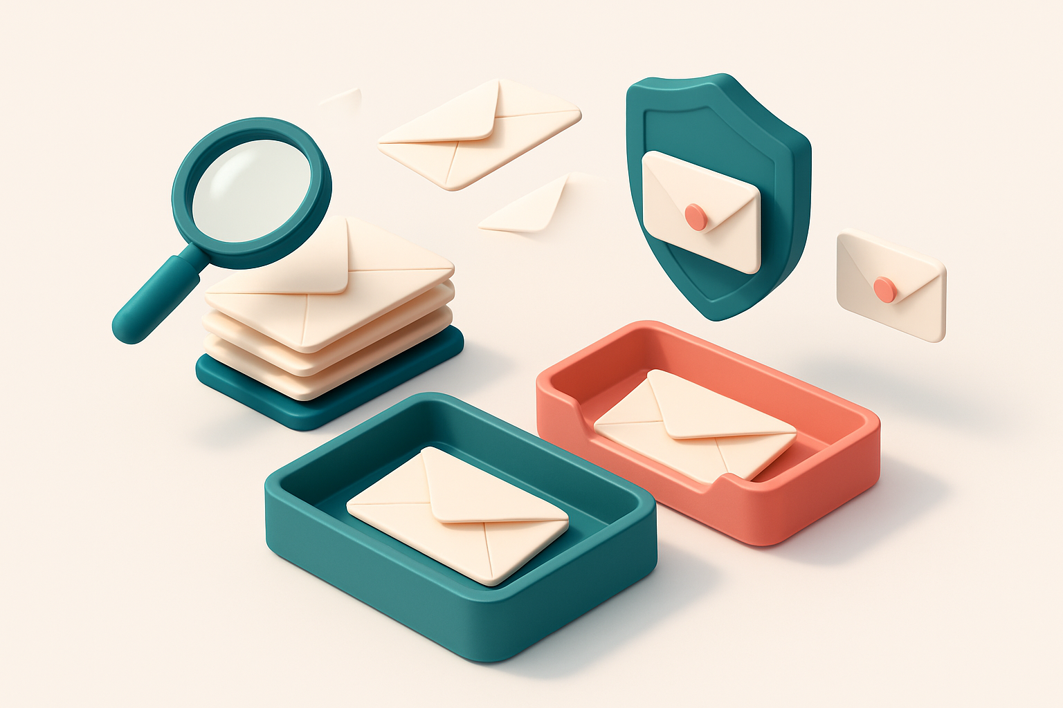 an isometric email inbox with envelopes being sorted onto a green 'valid' tray and a red 'invalid' tray, a magnifying gl