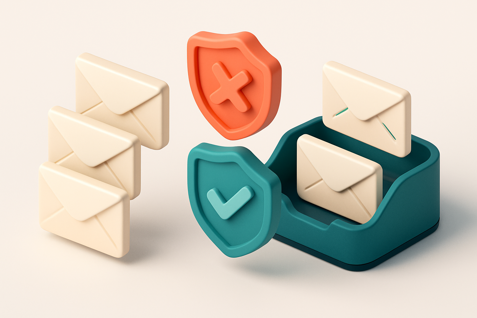 an isometric email inbox with envelopes labeled 'sales@', 'info@', 'admin@' being rejected by a red 'X' shield, while in