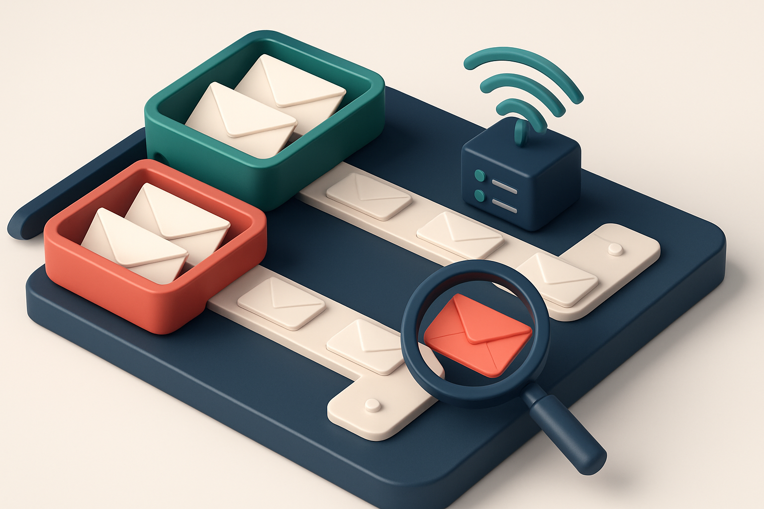 An isometric dashboard with a green 'valid' tray and a red 'invalid' tray, conveyor belts moving envelopes, a magnifying