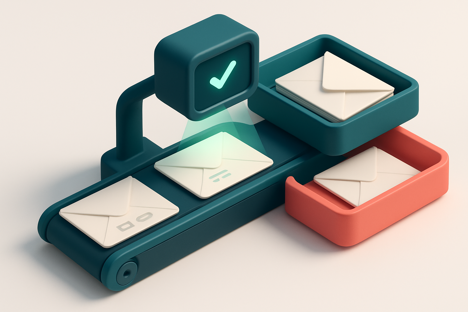 An isometric email inbox with envelopes being sorted onto a green 'valid' tray and a red 'invalid' tray, a conveyor belt