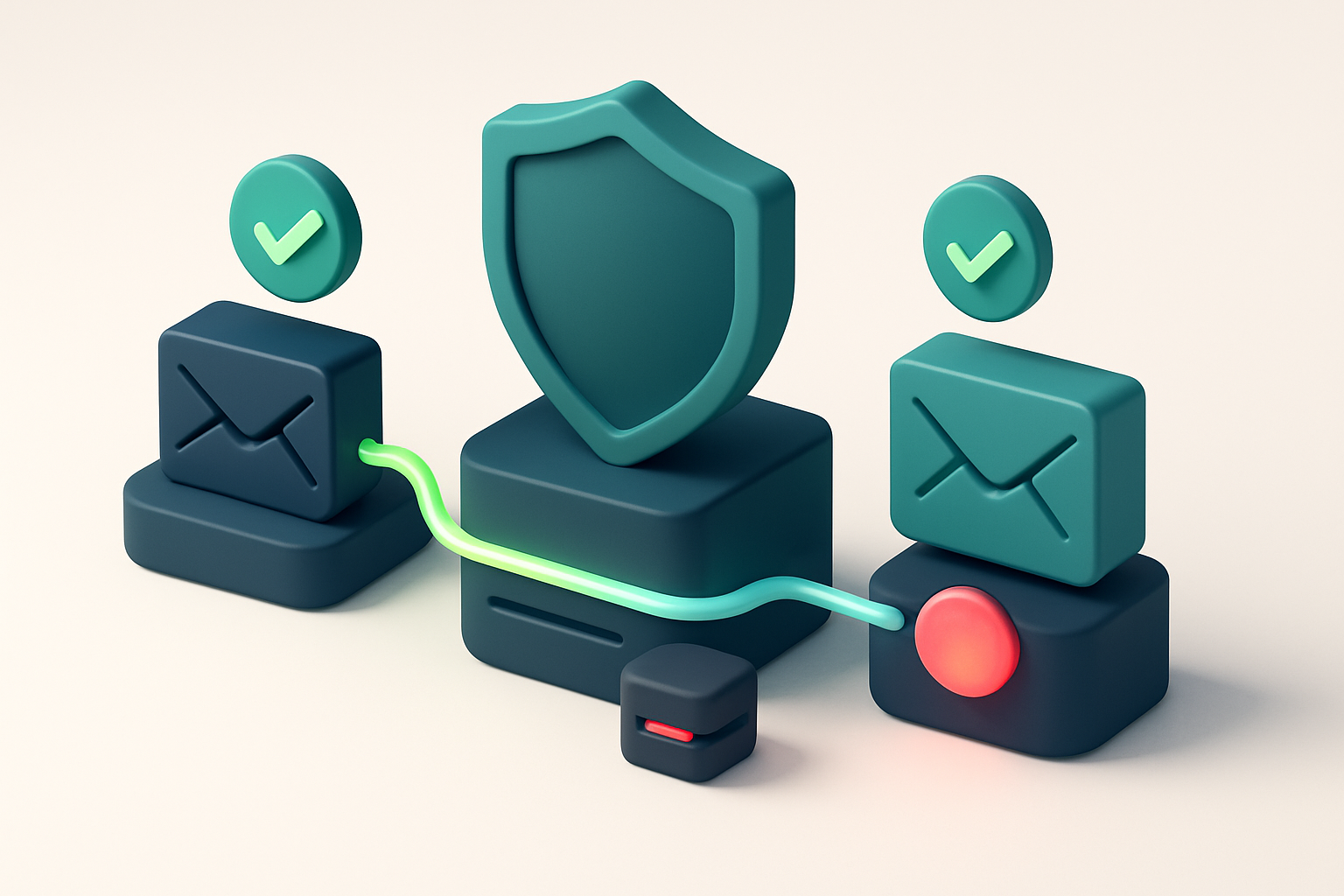 An isometric view of a secure email server with a shield covering a data stream flowing between two mail nodes, green ch