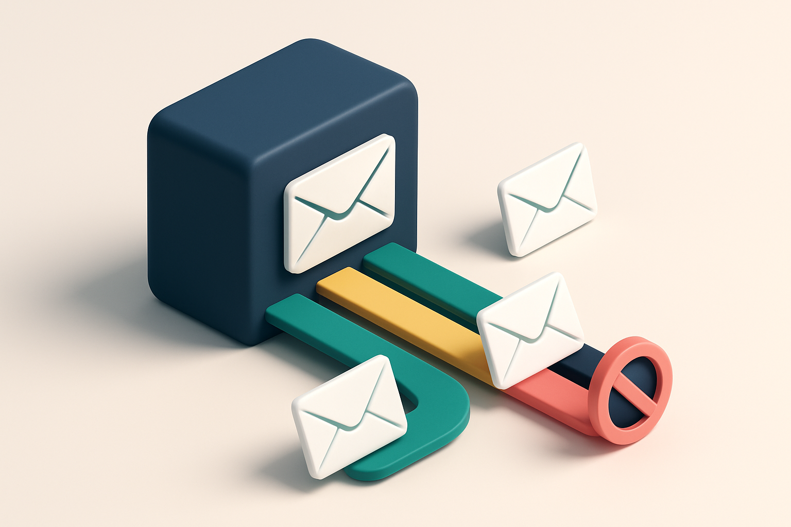 An isometric email server with three labeled lanes: a green 'SPF pass' lane, a yellow 'DKIM alignment' lane, and a red '
