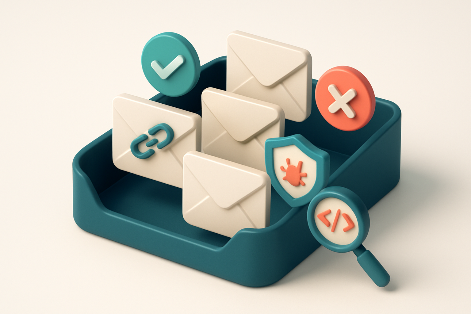 An isometric email inbox with five incoming emails: one green checkmark (valid), one red X (invalid), one with a broken