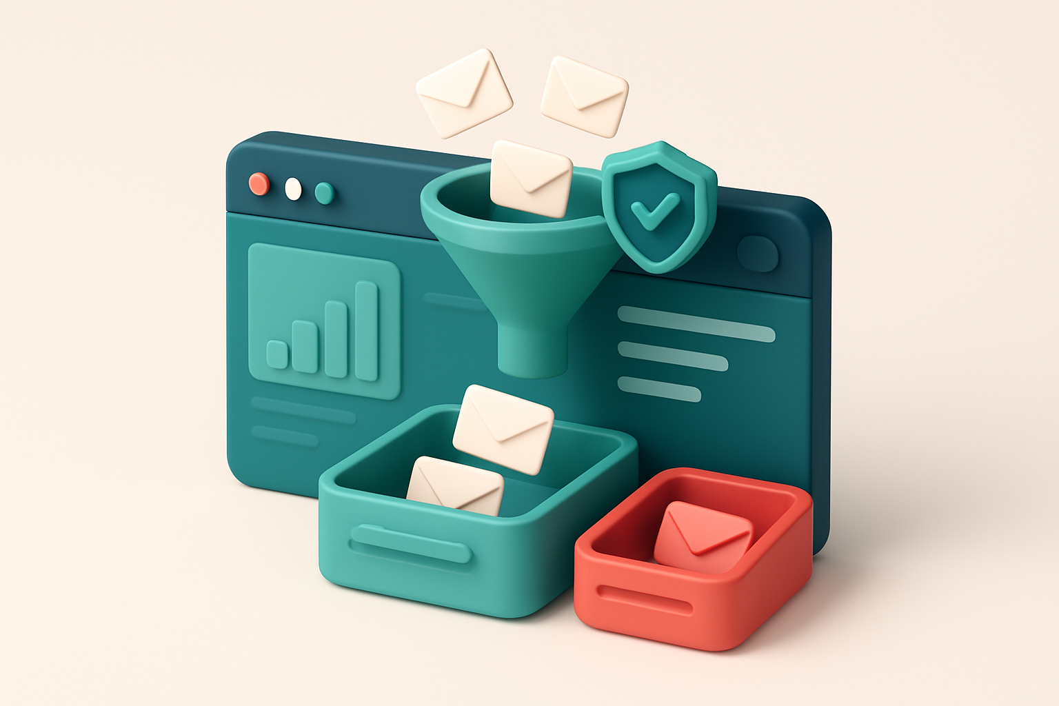 An isometric illustration of a HubSpot dashboard with a funnel-shaped pipeline, where valid emails flow into a green 'De