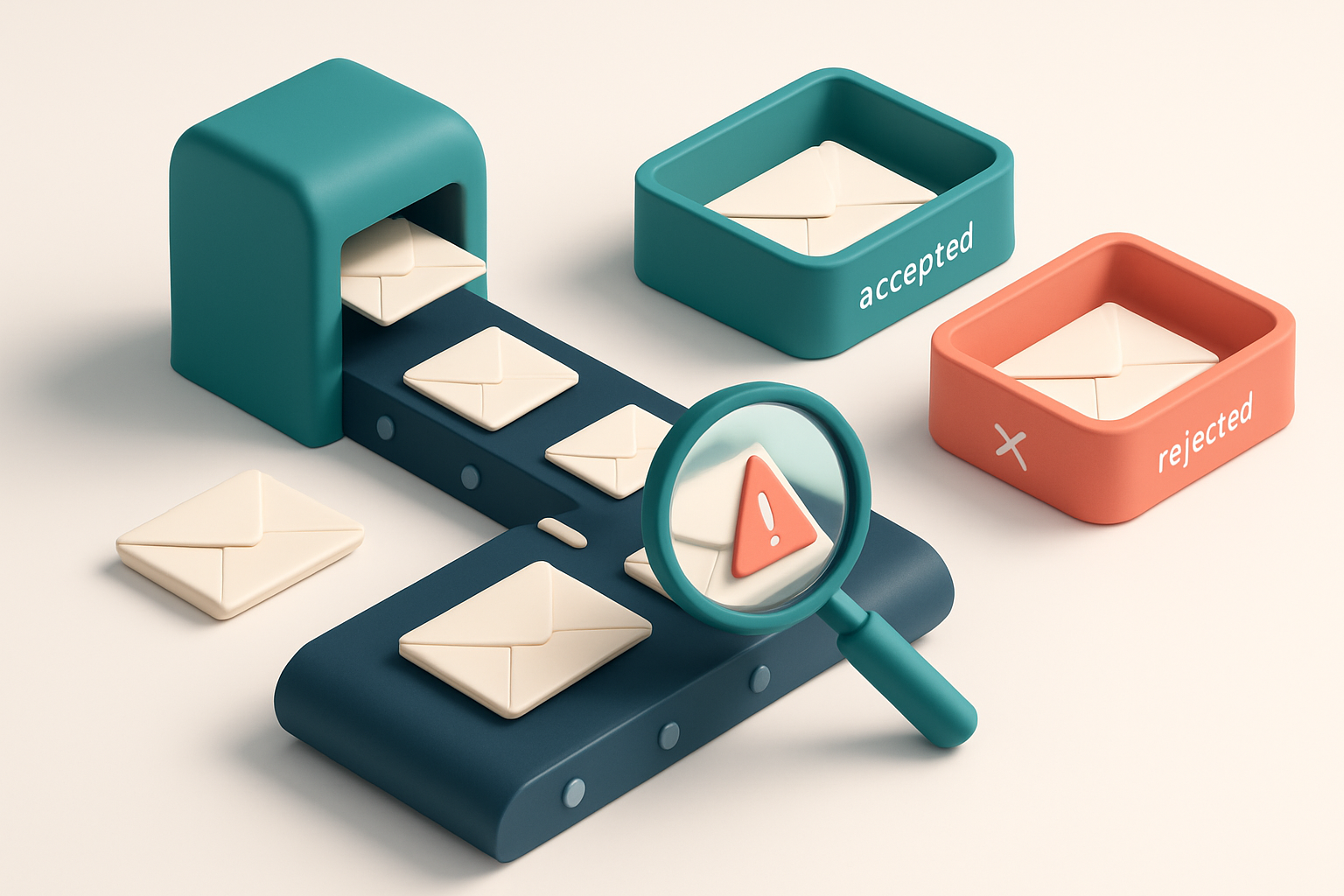 An isometric email inbox with envelopes flowing through a conveyor belt—valid envelopes going to a green 'accepted' tray