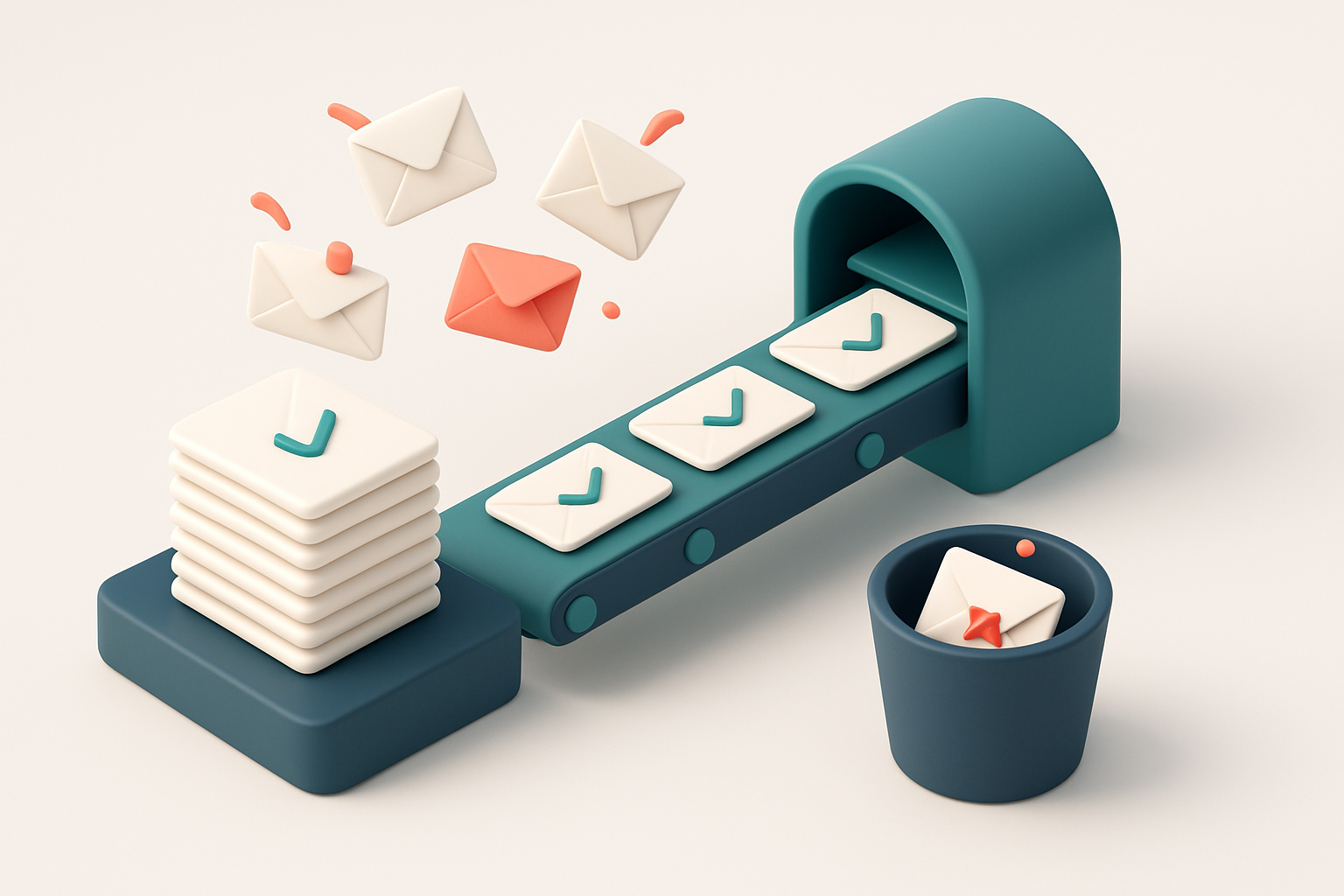 Hero: a 3D isometric illustration of a digital email inbox with red 'bounce' markers flying away from a pile of envelope
