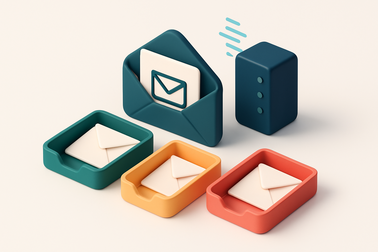 An isometric email inbox with envelopes being sorted into three trays: a green 'valid' tray, a red 'invalid' tray, and a