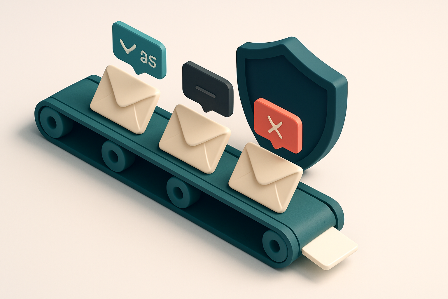 Hero: an isometric illustration of a green conveyor belt with envelopes moving along it, each labeled 'valid', 'catch-al
